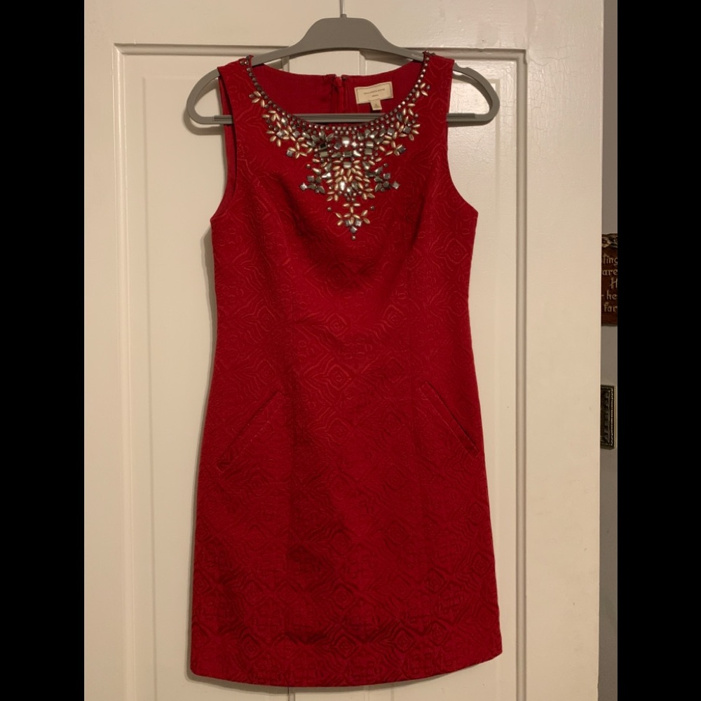 Anthropologie Red Sleeveless Dress with Embellished Neckline